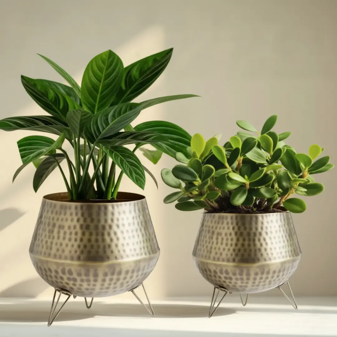 Vintage hammered brass planting pots with tripod stand